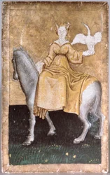 Eine berittene Dame, die einen Reiher in einer Hand hält, eine von einem Satz Spielkarten, die Szenen des höfischen Falknerns darstellen, Oberrhein-Gebiet, ca. 1440-45